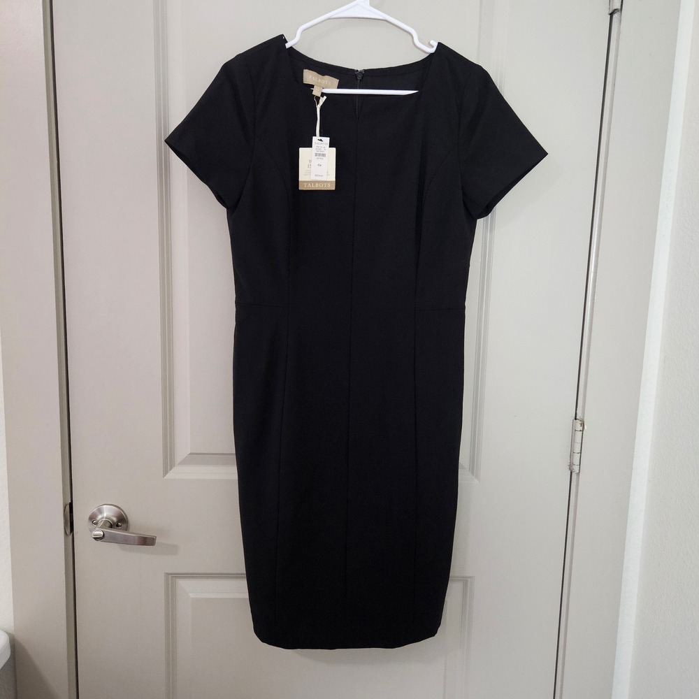 Talbots Petite Italian Wool Blend Sheath Dress Black 6P Short Sleeve NWT